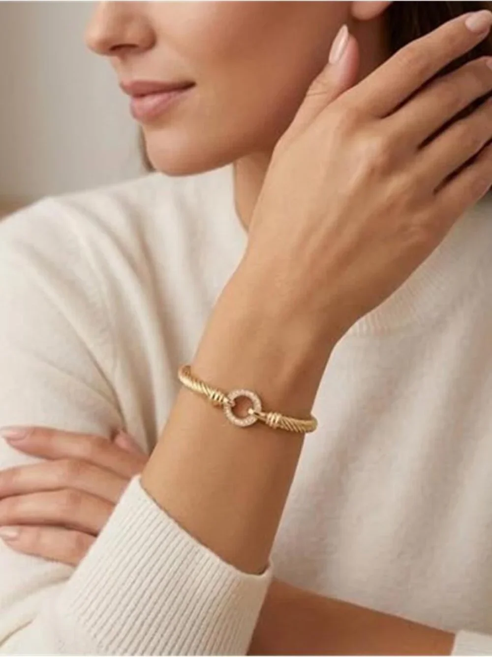 Two Tone Twisted Cable Cuff Bracelet Gold Silver Bangle for Women